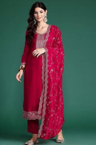 Ethnic Motifs Embroidered Sequinned Kurta With Trousers & Dupatta