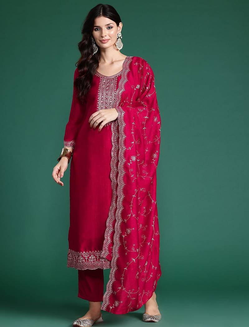 Ethnic Motifs Embroidered Sequinned Kurta With Trousers & Dupatta