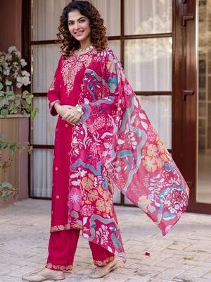 Women Floral Embroidered Thread Work Kurta with Trousers & With Dupatta 1