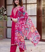 Women Floral Embroidered Thread Work Kurta with Trousers & With Dupatta