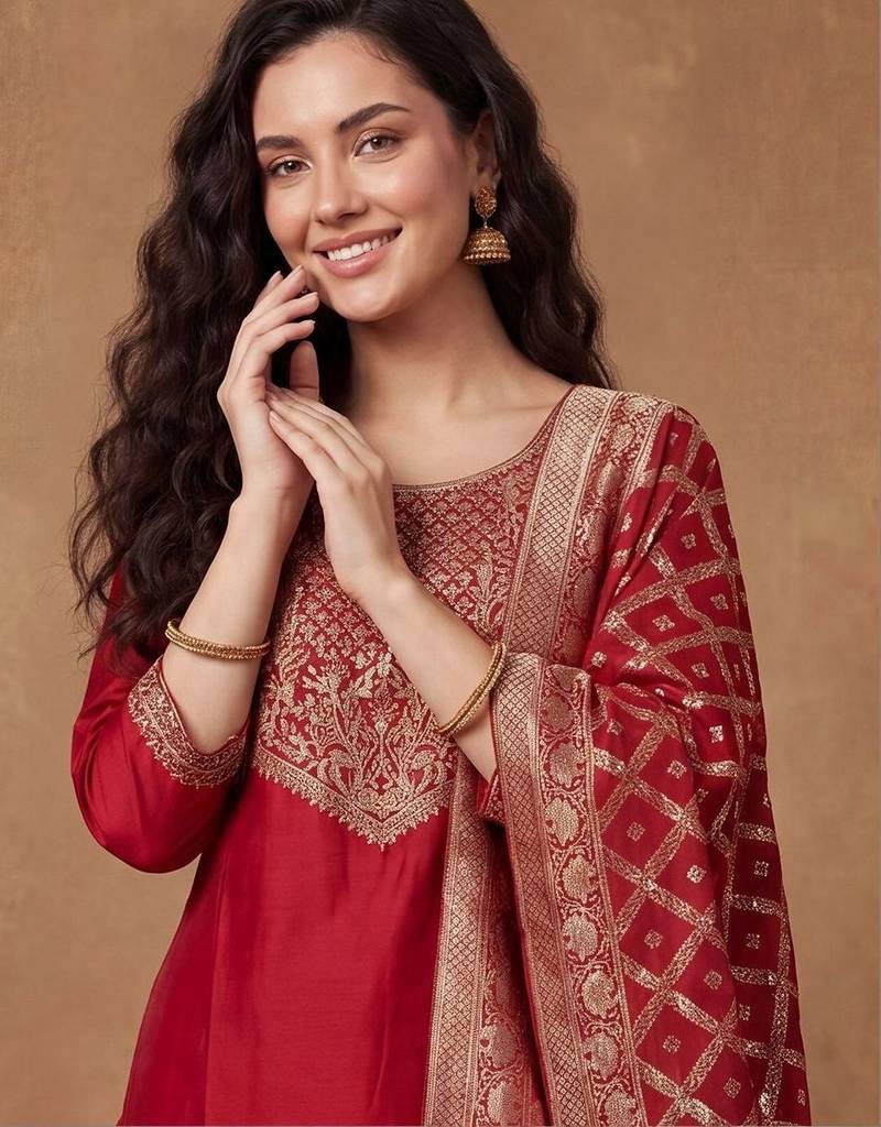 Women Ethnic Motifs Embroidered Kurta with Trousers & With Dupatta