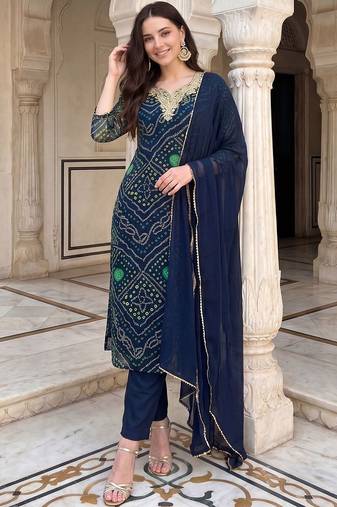 Women Bandhani Dyed Thread Work Kurta with Trousers & With Dupatta