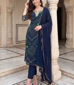 Women Bandhani Dyed Thread Work Kurta with Trousers & With Dupatta