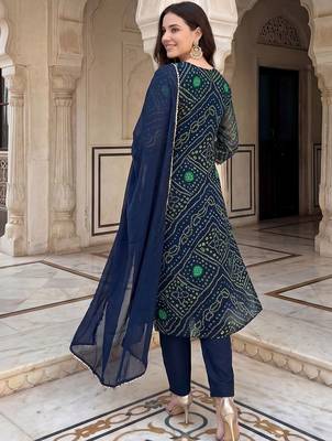 Women Bandhani Dyed Thread Work Kurta with Trousers & With Dupatta 4