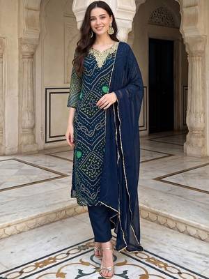 Women Bandhani Dyed Thread Work Kurta with Trousers & With Dupatta 6