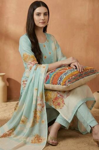 Women Ethnic Motifs Printed Mirror Work Cotton Kurta with Trousers & With Dupatta