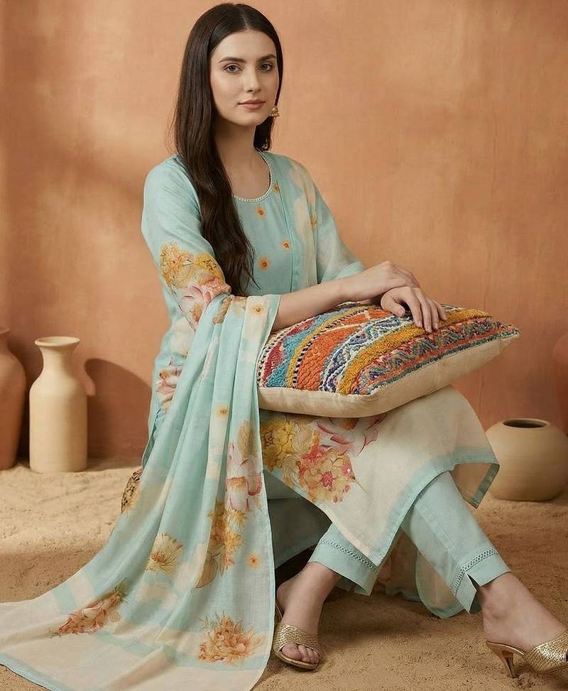 Women Ethnic Motifs Printed Mirror Work Cotton Kurta with Trousers & With Dupatta