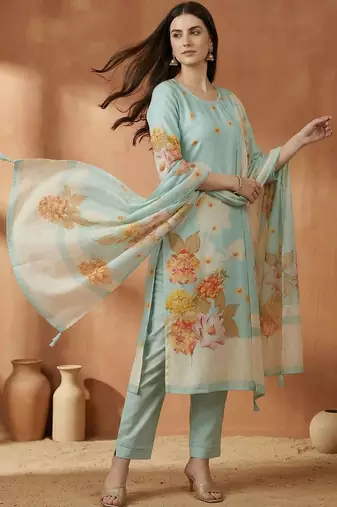 Women Ethnic Motifs Printed Mirror Work Cotton Kurta with Trousers & With Dupatta
