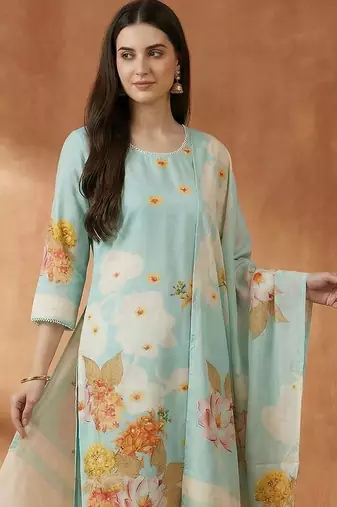 Women Ethnic Motifs Printed Mirror Work Cotton Kurta with Trousers & With Dupatta