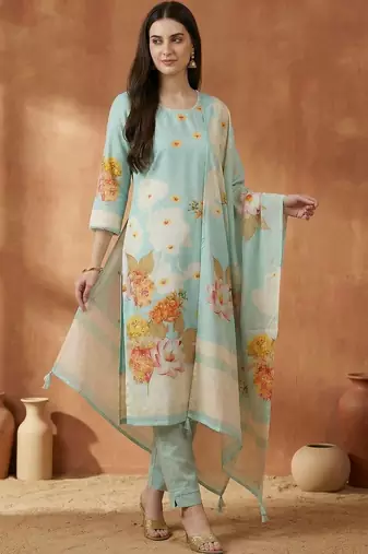 Women Ethnic Motifs Printed Mirror Work Cotton Kurta with Trousers & With Dupatta