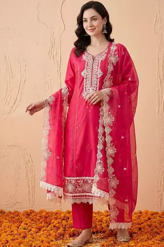 Women Ethnic Motifs Embroidered Thread Work Kurta with Trousers & With Dupatta