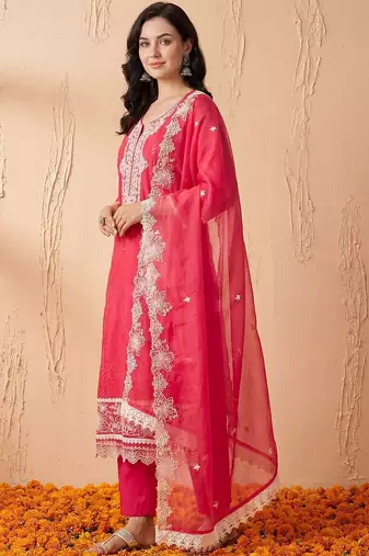 Women Ethnic Motifs Embroidered Thread Work Kurta with Trousers & With Dupatta
