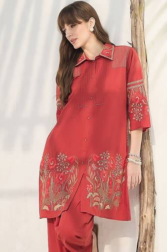 Women Floral Embroidered Thread Work Cotton A-Line Kurta with Palazzos