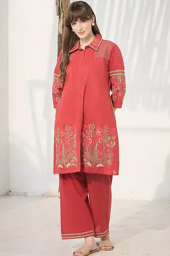 Women Floral Embroidered Thread Work Cotton A-Line Kurta with Palazzos