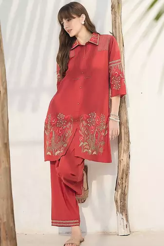 Women Floral Embroidered Thread Work Cotton A-Line Kurta with Palazzos