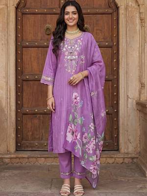Women Floral Embroidered Thread Work Cotton Kurta with Trousers & With Dupatta 1