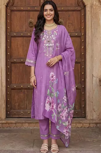 Women Floral Embroidered Thread Work Cotton Kurta with Trousers & With Dupatta