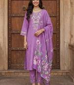 Women Floral Embroidered Thread Work Cotton Kurta with Trousers & With Dupatta