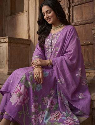 Women Floral Embroidered Thread Work Cotton Kurta with Trousers & With Dupatta 5