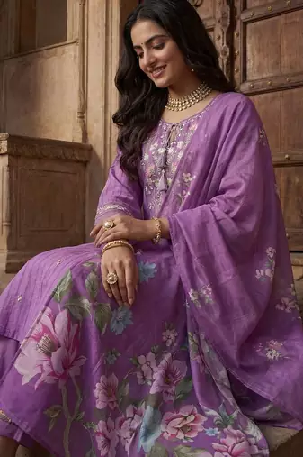 Women Floral Embroidered Thread Work Cotton Kurta with Trousers & With Dupatta