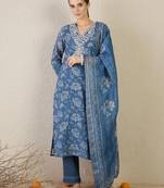 Women Floral Printed Thread Work Linen Kurta with Trousers & With Dupatta