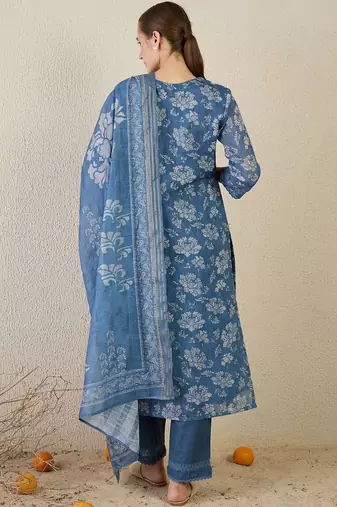 Women Floral Printed Thread Work Linen Kurta with Trousers & With Dupatta