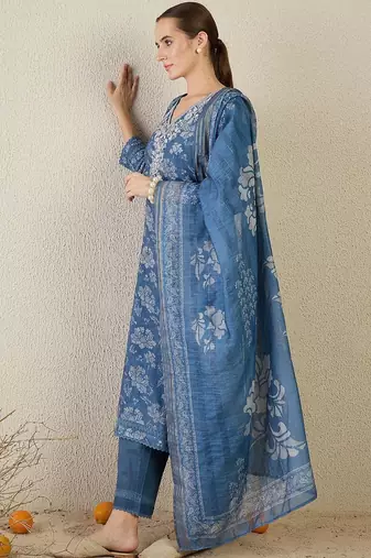 Women Floral Printed Thread Work Linen Kurta with Trousers & With Dupatta