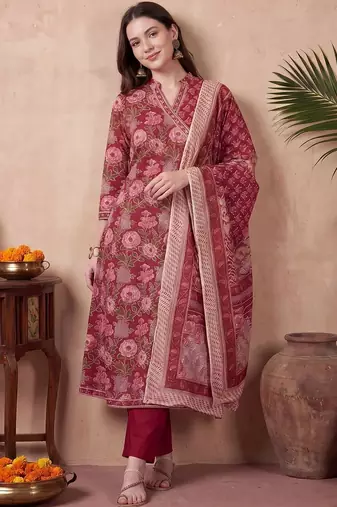 Women Floral Printed Angrakha Cotton Kurta with Trousers & With Dupatta