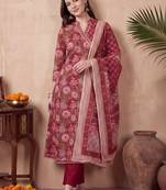 Women Floral Printed Angrakha Cotton Kurta with Trousers & With Dupatta
