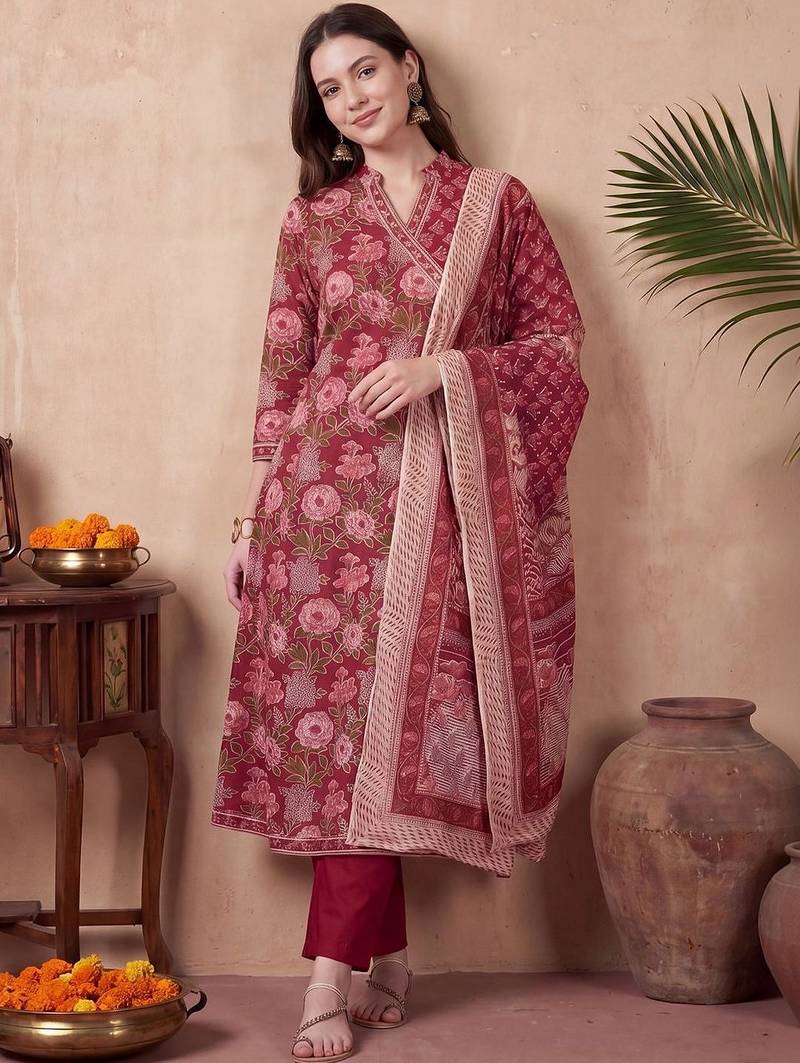 Women Floral Printed Angrakha Cotton Kurta with Trousers & With Dupatta
