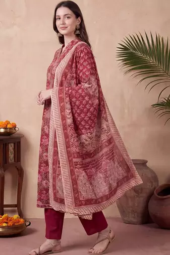 Women Floral Printed Angrakha Cotton Kurta with Trousers & With Dupatta