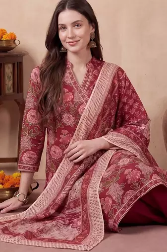 Women Floral Printed Angrakha Cotton Kurta with Trousers & With Dupatta