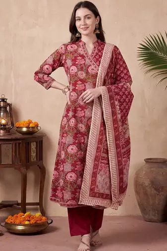 Women Floral Printed Angrakha Cotton Kurta with Trousers & With Dupatta