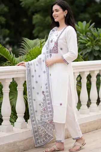 Women Ethnic Motifs Embroidered Thread Work Cotton Kurta with Trousers & With Dupatta