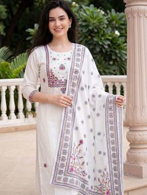 Women Ethnic Motifs Embroidered Thread Work Cotton Kurta with Trousers & With Dupatta 2