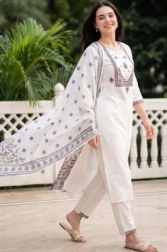 Women Ethnic Motifs Embroidered Thread Work Cotton Kurta with Trousers & With Dupatta
