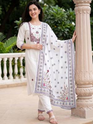 Women Ethnic Motifs Embroidered Thread Work Cotton Kurta with Trousers & With Dupatta 6