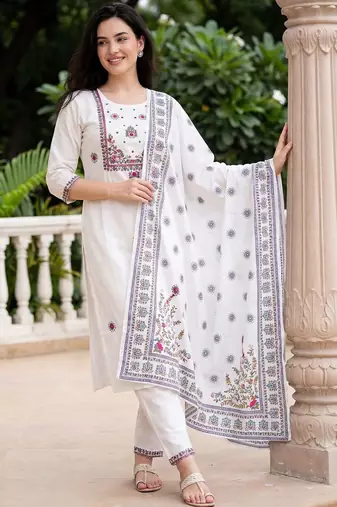 Women Ethnic Motifs Embroidered Thread Work Cotton Kurta with Trousers & With Dupatta