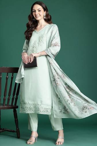 Floral Embroidered Kurta with Trousers & Dupatta