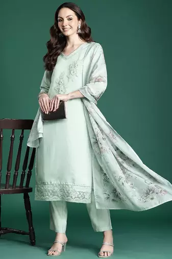 Floral Embroidered Kurta with Trousers & Dupatta