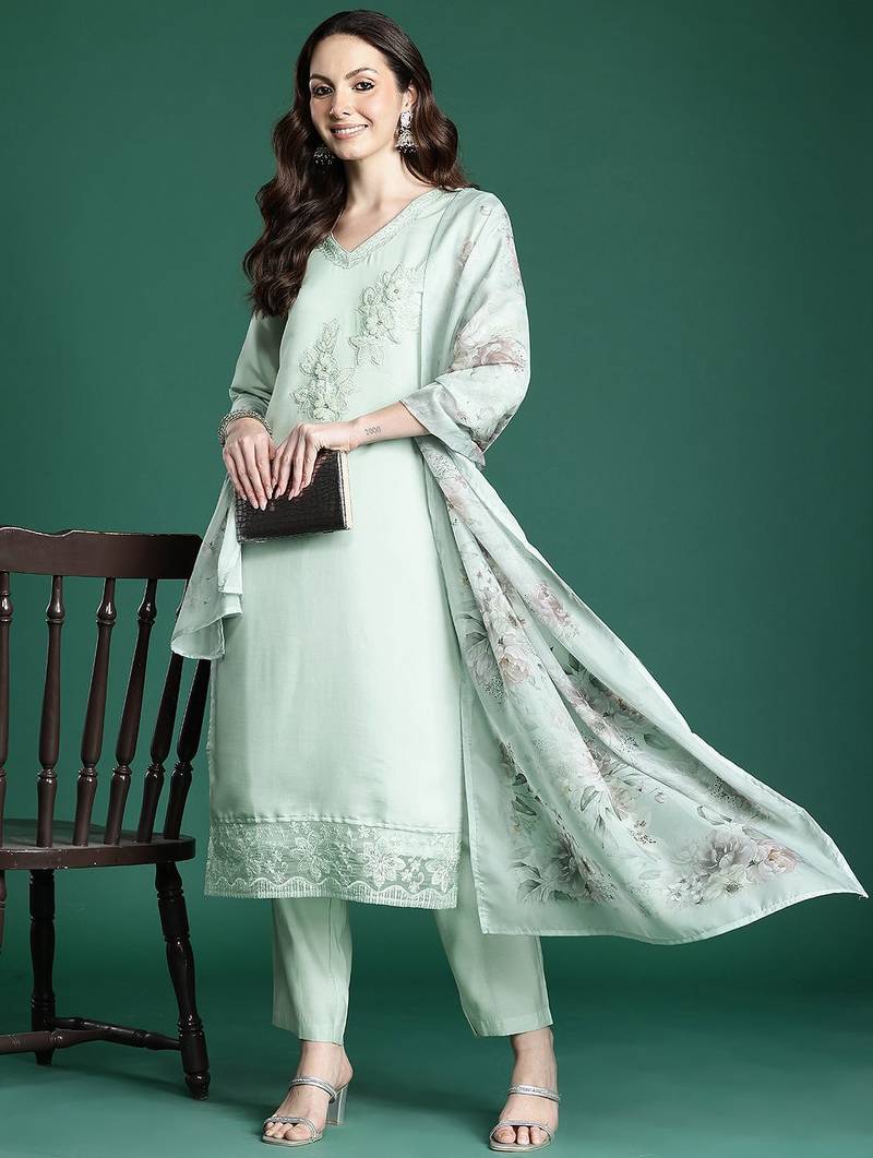 Floral Embroidered Kurta with Trousers & Dupatta