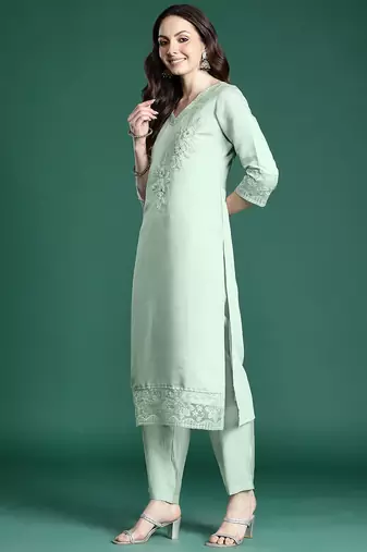 Floral Embroidered Kurta with Trousers & Dupatta