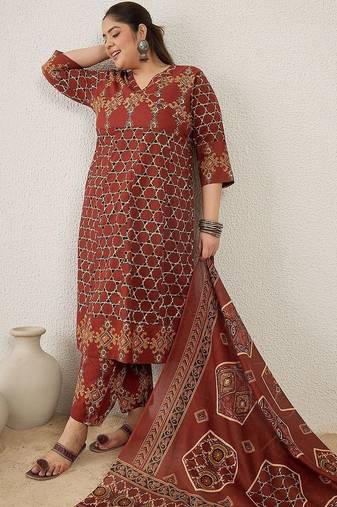 Plus Size Maroon Printed A-Line Kurta Trousers With Dupatta Set