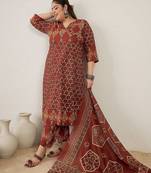 Plus Size Maroon Printed A-Line Kurta Trousers With Dupatta Set