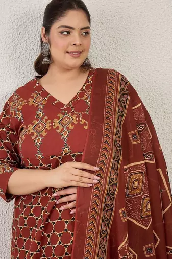 Plus Size Maroon Printed A-Line Kurta Trousers With Dupatta Set