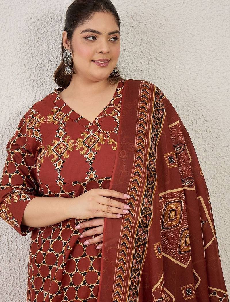 Plus Size Maroon Printed A-Line Kurta Trousers With Dupatta Set