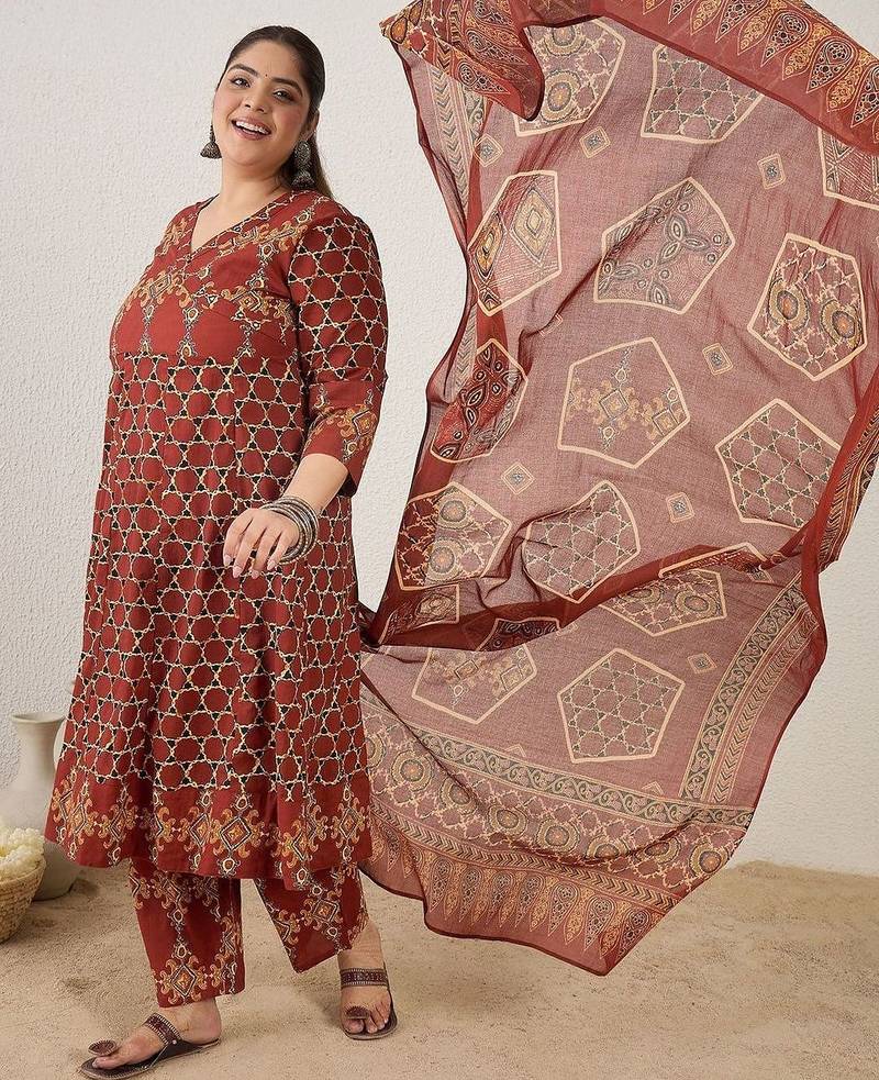 Plus Size Maroon Printed A-Line Kurta Trousers With Dupatta Set