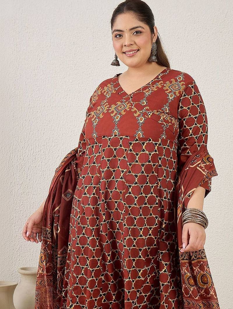 Plus Size Maroon Printed A-Line Kurta Trousers With Dupatta Set