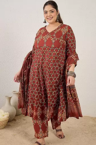 Plus Size Maroon Printed A-Line Kurta Trousers With Dupatta Set
