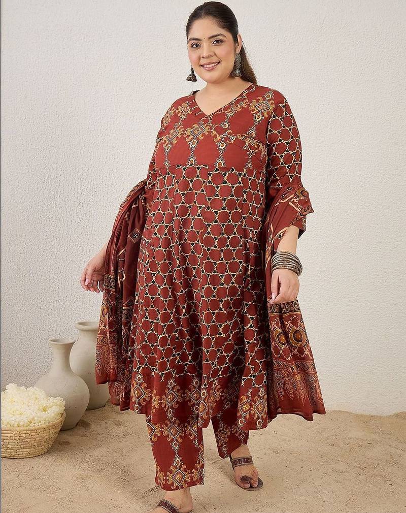 Plus Size Maroon Printed A-Line Kurta Trousers With Dupatta Set